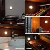 Collage of a small round light fixture in various settings including bedroom, wardrobe, bookcase, washroom, and drawer.